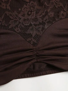 Sweetra Y2K Sexy Lace Patchwork Pleated Crinkled Versatile Party Commute 2 Pieces Set - Coffee Brown - View 4