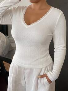 Dazy Plus Plus Size Women's Spring/Autumn Contrast Lace V-Neck All White Long Sleeve Base Layer T-Shirt Date Night Birthday Casual Romantic - White - View 7
