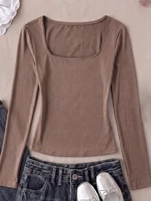 SHEIN 青少年女孩 T-Shirt，領口彈性修身款－百搭極簡長袖 T-Shirt，舒適穿著 - 卡其色 - 查看 5