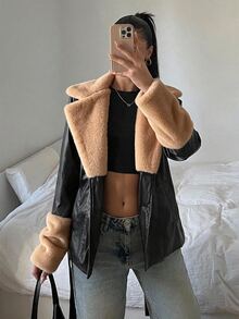 SHEIN EZwear 純色長袖休閒 PU 拼接收腰抽繩夾克 秋冬款 - 彩色 - 查看 4