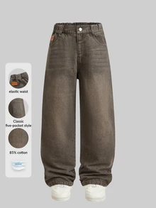 Mirajuku Boys' Jeans Autumn Fall Cotton Washed Versatile Fashion Casual Streetwear Comfortable Loose Design Elastic Waist Dark Grey School Holiday - Rust Brown - View 1