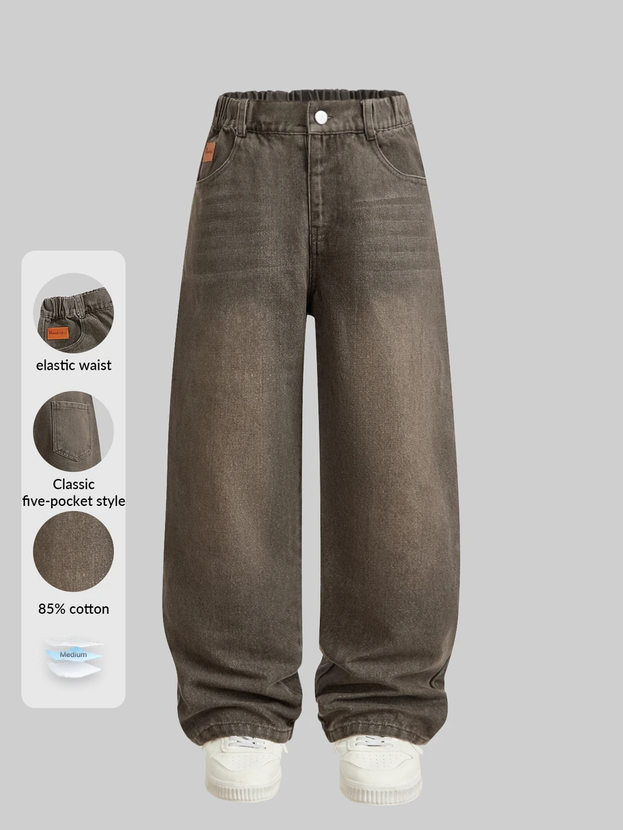 Mirajuku Boys' Jeans Autumn Fall Cotton Washed Versatile Fashion Casual Streetwear Comfortable Loose Design Elastic Waist Dark Grey School Holiday - Rust Brown - View 1