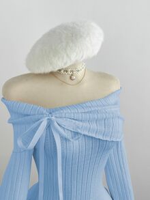 Elamini 女款秋冬露肩收腰蝴蝶結裝飾甜美可愛精緻百搭長袖針織洋裝 - 淺藍色 - 查看 7