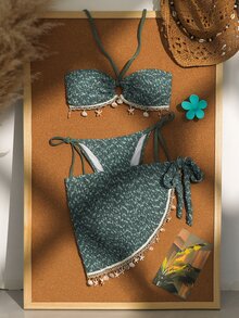 Swim Vcay Halloween Women's Sexy Tropical Fall/Summer Halter Pattern Bikini Set Crochet Ribbon Shell Decor Drawstring Vacation Skirt Beach Date Night Outfit - Multicolor - View 2