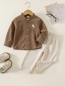 SHEIN 中性嬰兒男/女嬰 2件組秋冬休閒復古風長袖上衣與長褲套裝，嬰兒男童套裝，Squishy - 彩色 - 查看 3