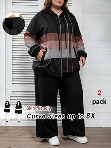 SHEIN CURVE+ Setelan Kasual 2 Potong Wanita Ukuran Besar dengan Jaket Berkerudung dan Tali Serut, Motif Blok Warna, Musim Gugur/Dingin 2026, Ukuran 5XL-8XL - Hitam dan Putih - View 1