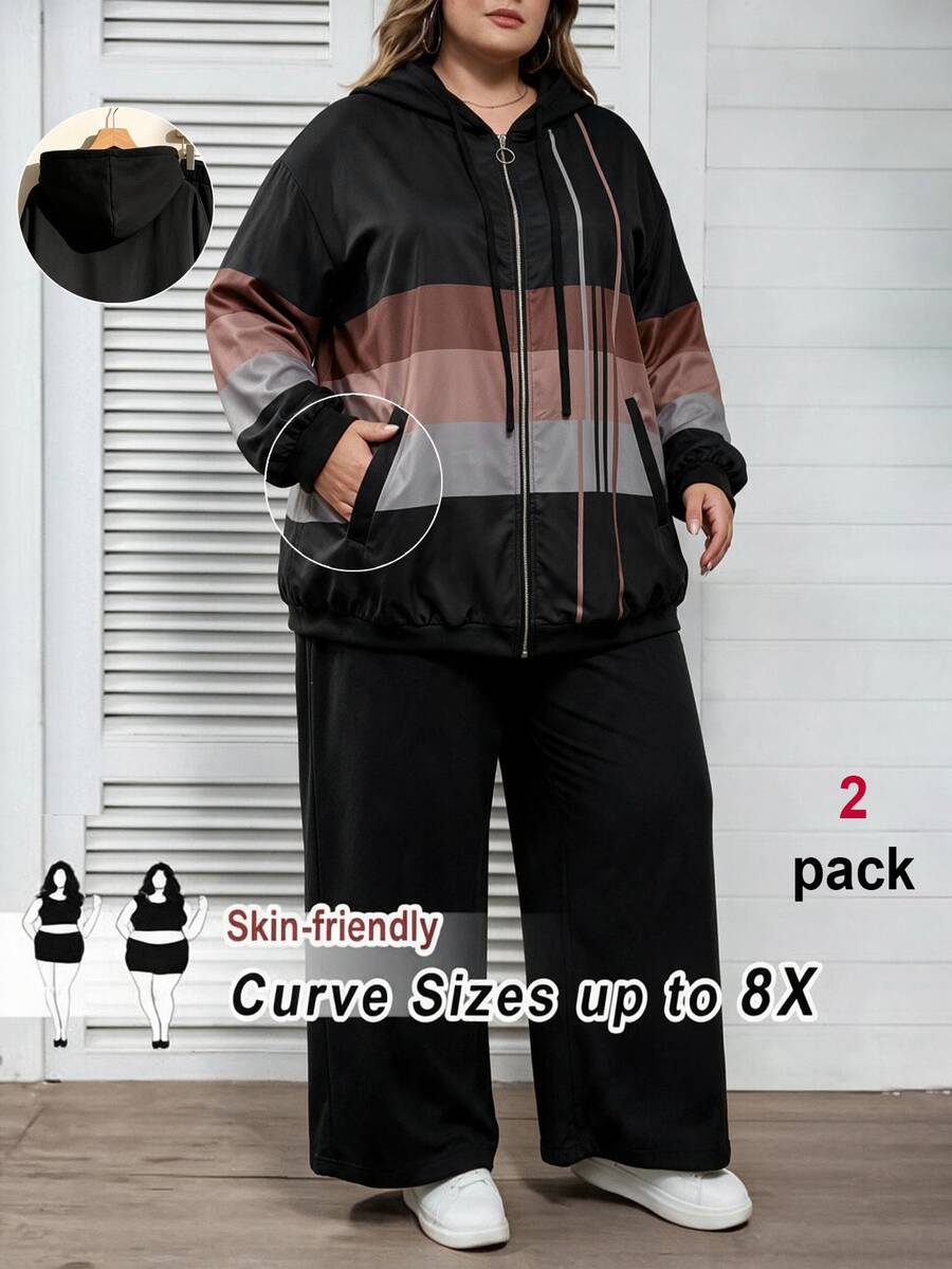 SHEIN CURVE+ Setelan Kasual 2 Potong Wanita Ukuran Besar dengan Jaket Berkerudung dan Tali Serut, Motif Blok Warna, Musim Gugur/Dingin 2026, Ukuran 5XL-8XL - Hitam dan Putih - View 1