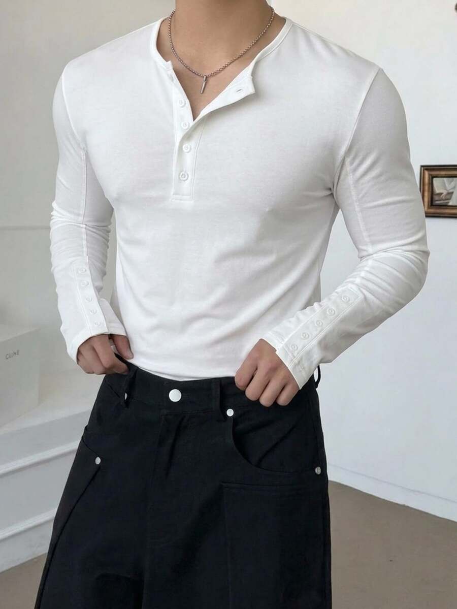 DAZY Spring/Autumn Round Neck Half-Button White Long Sleeve Men's T-Shirt - White - View 1