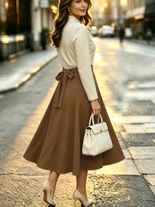 Auvina Đầm midi tay dài dáng chữ A phối màu, cổ chữ V, eo thắt đai cho nữ size lớn, phong cách đi làm mùa thu/đông - màu nâu - Xem 2