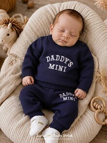 Cozy Pixies 男嬰新生兒卡通字母刺繡針織套頭上衣與長褲2件套，百搭休閒時尚，適合秋冬穿著 - 彩色 - 查看 2