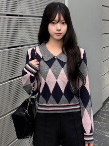 FRIFUL Women's Diamond Pattern Casual Preppy Daily Long Sleeve Sweater Brunch Grey Fall Winter - Grey - View 3