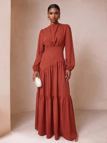 Vesra Women's Bubble Sleeve Pleated Long Dress - Red - View 6
