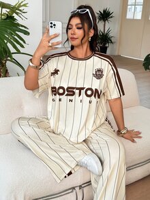 SHEIN EZwear 杏色休閒大尺碼字母條紋短袖T恤與長褲套裝 - 杏色 - 查看 10