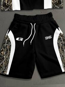 StoneGrade 叢林樹枝迷彩拼色拼接時尚印花男士標準尺寸落肩寬鬆短袖T恤與雙腰帶短款運動褲套裝 - 黑色 - 查看 4