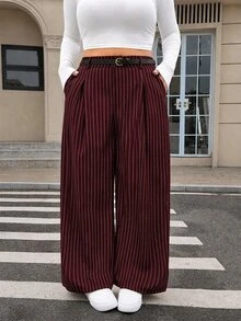 SHEIN EZwear Plus Size Solid Color Button Closure Casual Wide Leg Pants With Belt In Fall/Winter - Burgundy - View 6
