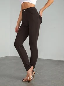 SHEIN Tall 女款純色高腰口袋修身休閒長褲 - 棕色 - 查看 7