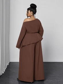 Maweii Plus Size Women's Solid Color One-Shoulder Long Sleeve Top And Wide Leg Pants 2 Pieces Set - Brown - View 6