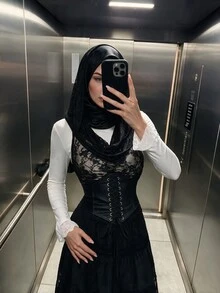 SHEIN ICON ملابس علوية تانك حمراء من قماش لامع وشبكة براقة بأسلوب شارع مثير للفتيات - الأسود - مشاهدة 4