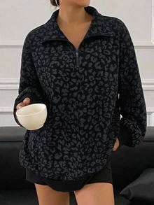 Livesso 女款豹紋半拉鍊落肩長袖休閒運動衫 - 黑色 - 查看 5