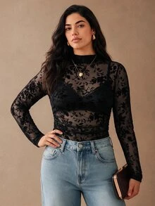 Juhart Fashionable Sheer Flocked Mesh Slim Fit Semi-High Neck Women's Top - Black - View 6
