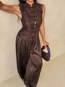 SHEIN Tall Setelan Blazer Kasual Wanita dengan Kancing Depan - Coklat - View 5