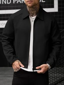 Manfinity Homme Men's Solid Color Long Sleeve Zip-Up Jacket With Collar - Black - View 3