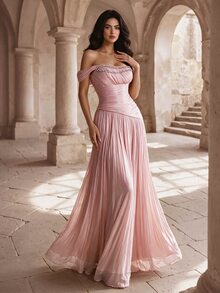 Coutiva Women's Rhinestone Embellished Pleated Waist-Cinching Slimming Elegant Strapless Evening Dress - Pink - View 5