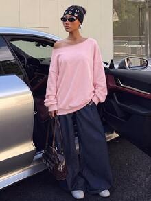 SHEIN EZwear 女款休閒粉色露肩寬鬆長袖衛衣，33%棉，女款反季服飾 - 淺藍色 - 查看 6