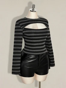 SHEIN ICON Plus Size Cutout Sexy Striped Colorblock Long Sleeve T-Shirt - Multicolor - View 4