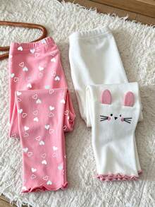 SHEIN 2pcs/Set Legging Balita Perempuan, Merah Muda & Putih, Bahan Fleece Satu Potong dengan Pinggiran Bergelombang, Motif Hati & Kelinci, Gaya Sederhana, Kasual, Nyaman, Lembut, dan Serbaguna, Musim Semi/Musim Gugur/Musim Dingin - MultiWarna - View 4