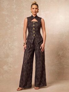 Lumalex 精緻蕾絲金屬鈕扣高領無袖修身直筒長款女式套裝 - 棕色 - 查看 4