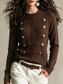 Omancia Autumn/Winter Napoleon Style Metal Button Round Neck Long Sleeve Pullover Earth Tone Brown/Coffee Knit Top, Versatile Base Layer/Outerwear For Women - Coffee Brown - View 3