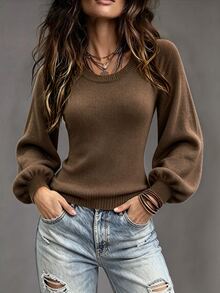 SHEIN 女款棕色節慶穿搭 秋冬純色休閒百搭日常長袖針織衫 - 咖啡棕 - 查看 4