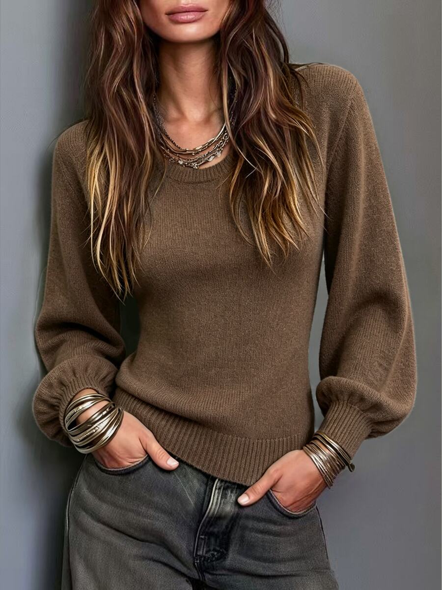 SHEIN 女款棕色節慶穿搭 秋冬純色休閒百搭日常長袖針織衫 - 咖啡棕 - 查看 1
