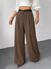 SHEIN PETITE 女款黑色純色寬腿休閒長褲附腰帶，適合小碼版型 - 棕色 - 查看 1