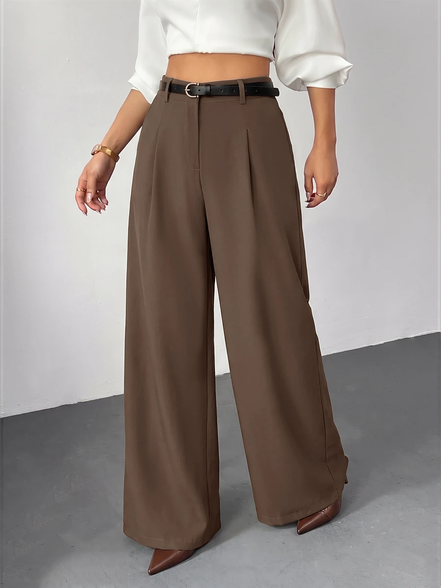 SHEIN PETITE 女款黑色純色寬腿休閒長褲附腰帶,適合小碼版型 - 棕色 - 查看 1
