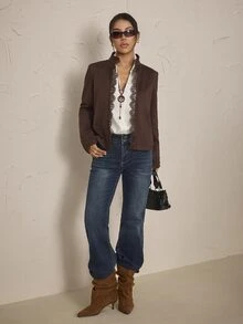 SHEIN PETITE جاكيت نسائي كاجوال يومي بأكمام طويلة مع رقعات دانتيل - بني - مشاهدة 6