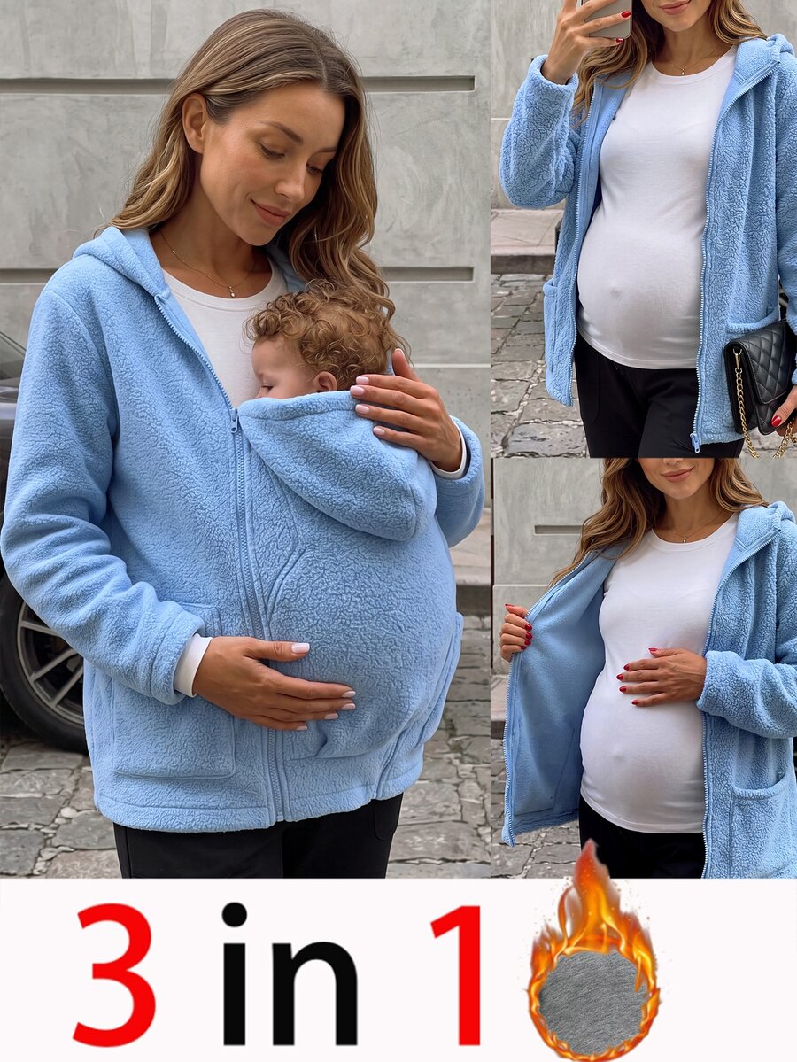SHEIN Elegant Casual Loose Fit Home Fleece Solid Color 3-In-1 Multifunctional Maternity Jacket Fall Homewear Holiday Light Blue - Blue - View 1