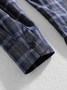 ROMWE MEN Street Life Men's Letter Print Long Sleeve Plaid Single-Breasted Casual Shirt - Blue - View 6