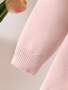 SHEIN 嬰兒粉色針織A字洋裝，圓領長袖，花卉刺繡蝴蝶結設計 - 淺粉色 - 查看 8