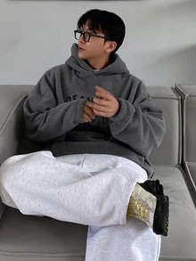 DAZY Men's Grey Fleece Hoodie With Black Letter Print On Chest, Autumn/Winter - Grey - View 3
