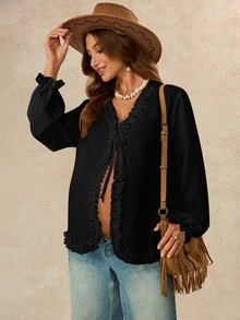 Boho Mama Maternity V-Neck Casual Everyday Outing Blouse - Black - View 2