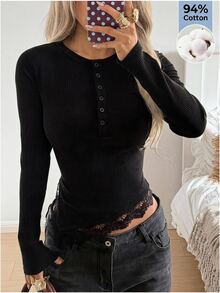 SHEIN EZwear Black Knitted Fitted Lace Trim T-Shirt - Black - View 1