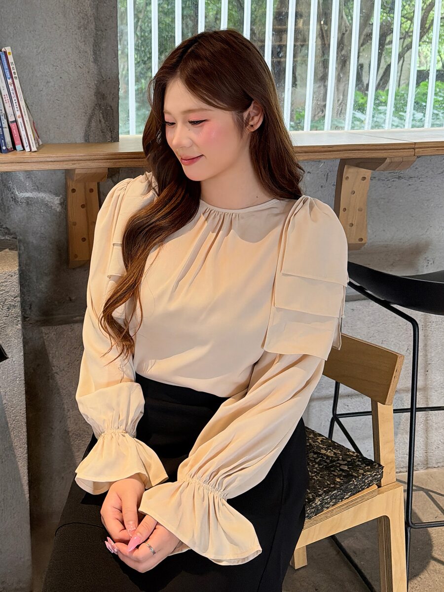Bijouette Plus Size Women's Spring/Autumn Elegant Lady Style Minimalist Solid Color Shoulder Big Bow Decor Ruffle Sleeve Blouse - Apricot - View 1