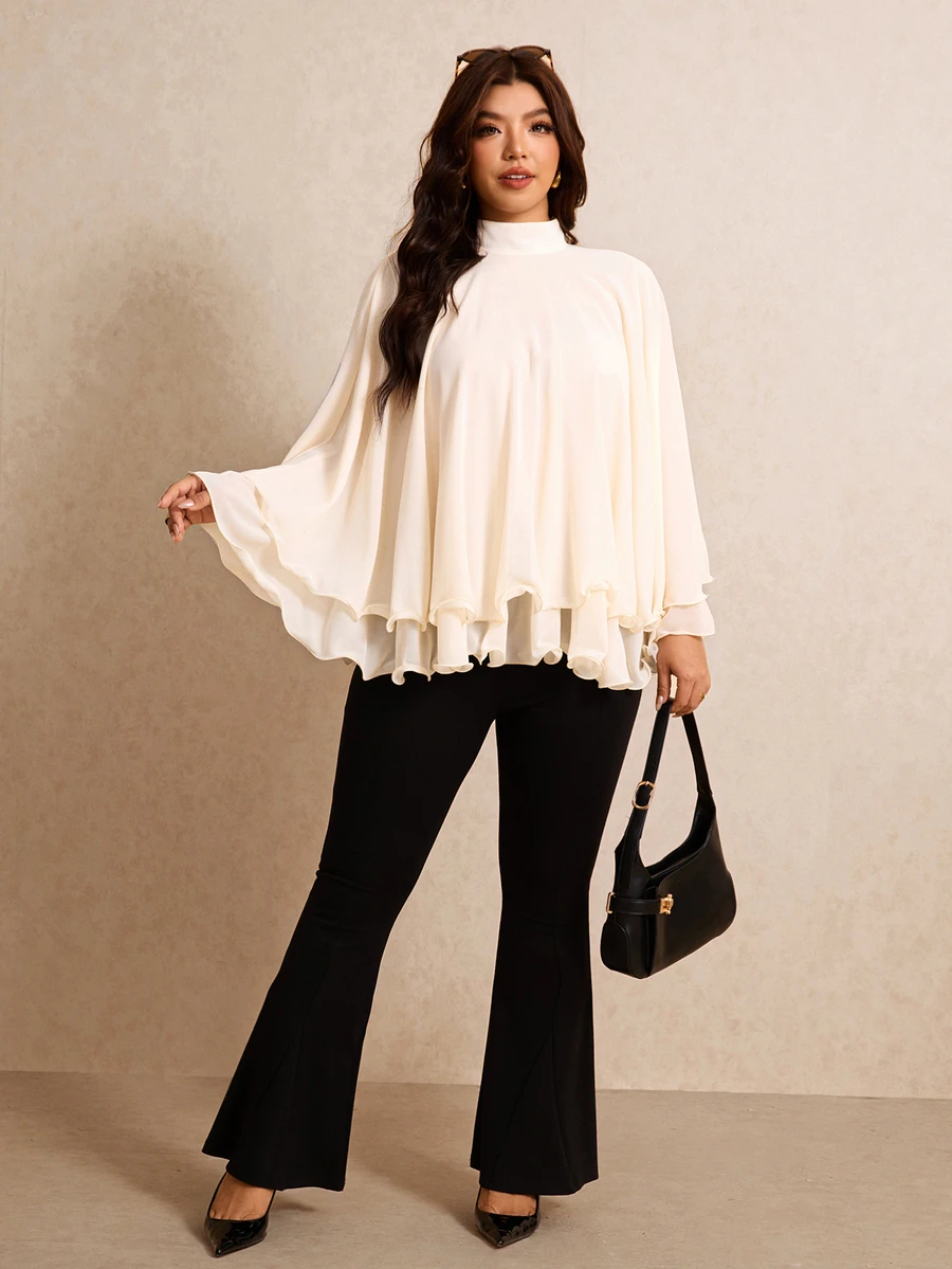 Elaquor Plus Size Women's Solid Color Stand Collar Ruffle Elegant Cape Blouse - Beige - View 1