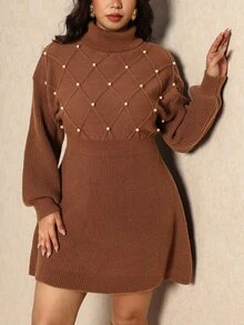 Elaquor Plus Size Women's Solid Color Faux Pearl Decor High Neck Long Sleeve Elegant Knit Dress - Multicolor - View 5