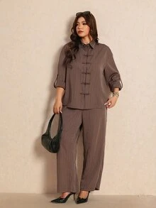 Elaquor Plus Size Casual Minimalist Basic Striped Women's 2 Pieces Set, Loose Fit - Coffee Brown - View 7