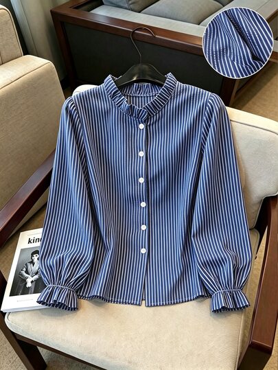 Franclia Áo blouse nữ tay phồng họa tiết sọc bong bóng phong cách Hàn Quốc, thoải mái, mặc thường ngày và phối lớp