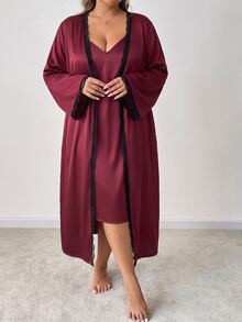 SHEIN CURVE+ Women's Plus Size 2 Pieces Set 22W, Long Sleeve Jacket + Dress - Burgundy - View 4