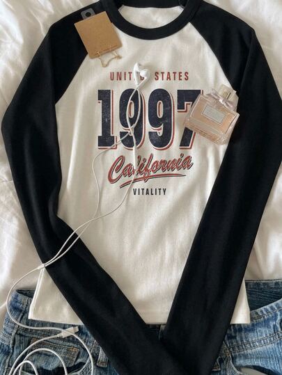 Attitoon เสื้อยืดแขนยาวแบบแร็กแลนสีตัดกันสำหรับผู้หญิง 34% คอตตอน ลายพิมพ์ 1997 สไตล์ Y2K วินเทจ